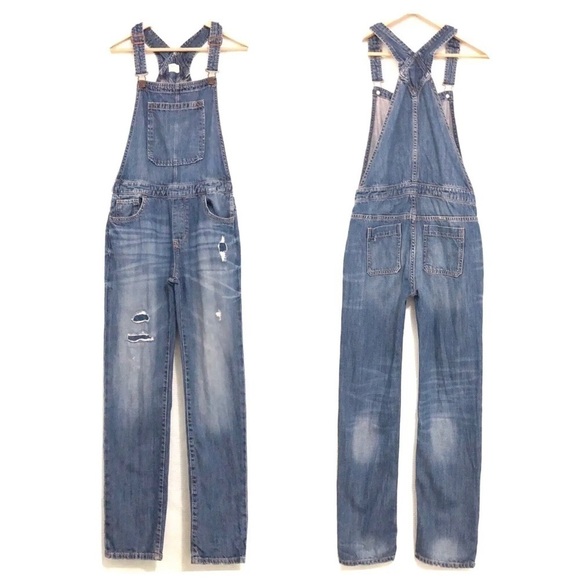 Gap Kids Distressed Denim Bib Overalls EUC Kid's XXL Regular - Picture 1 of 8